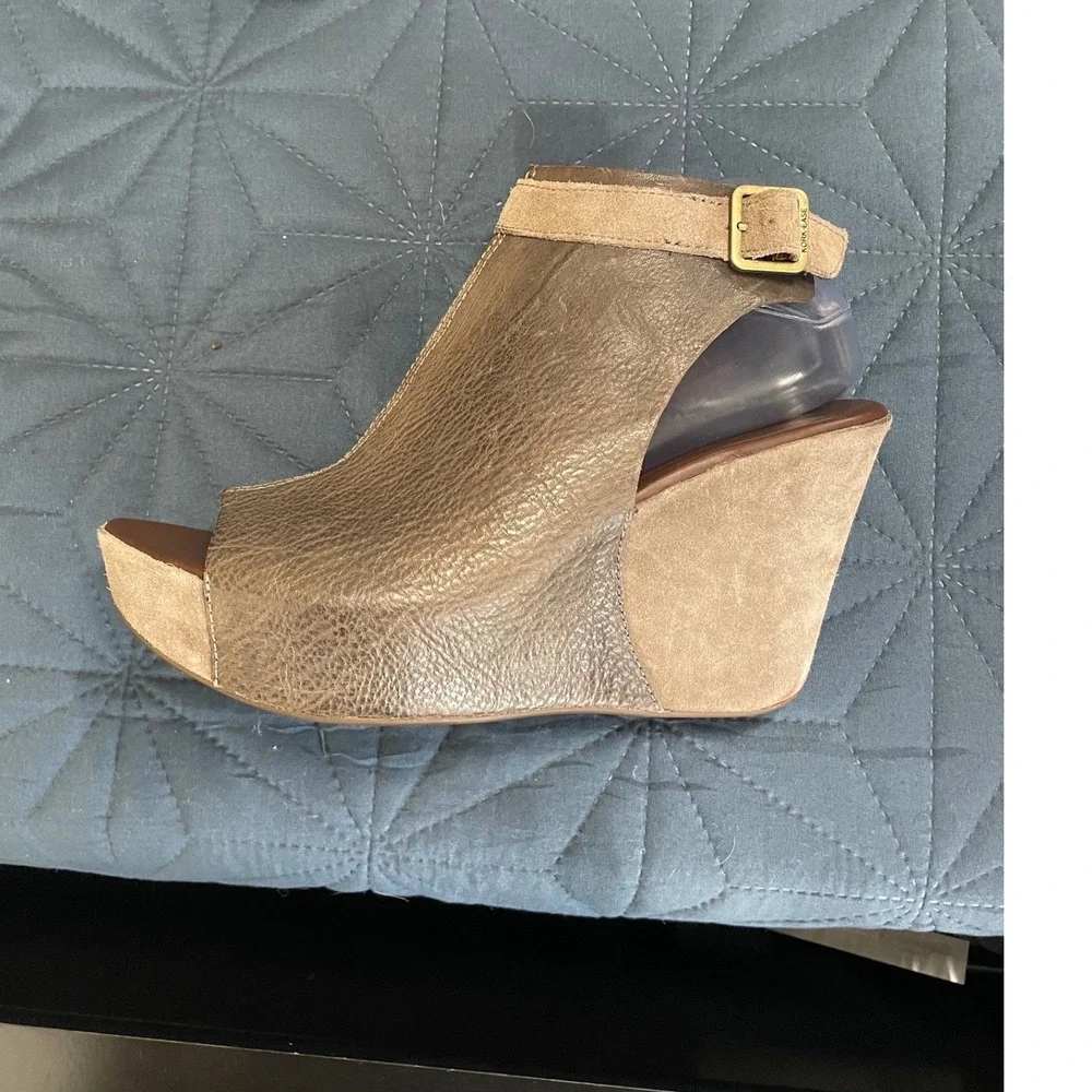 Kork-Ease Brown Leather Suede Wedge Sandals Peep Toe Ankle Strap Womens 10M